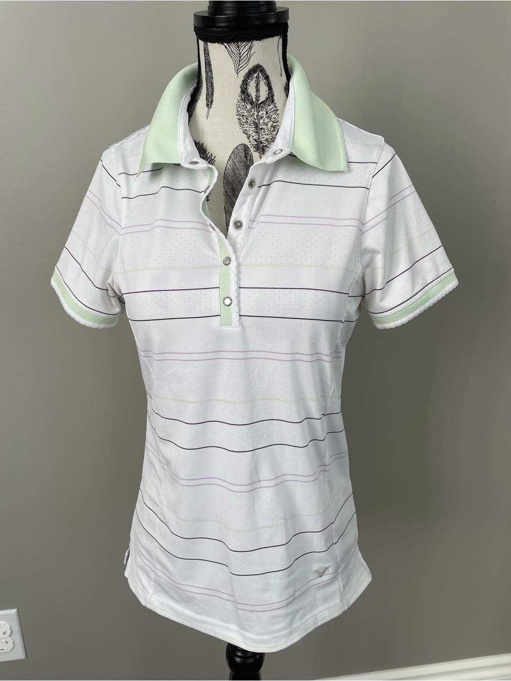 Callaway White Polo with Mint Green Collar and Subtle Stripes